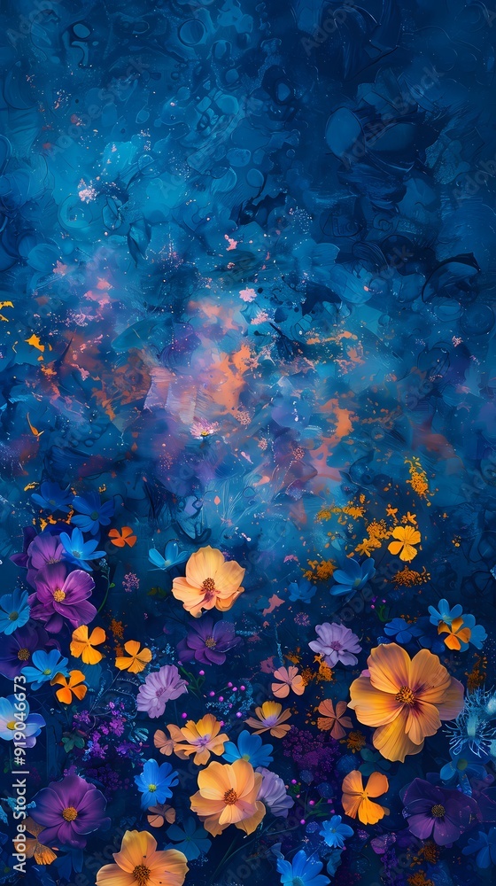 Poster digital blue and yellow flower fabric abstract graphics poster background with generative