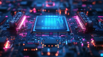 Obraz premium Close-up of a glowing computer chip on a circuit board.