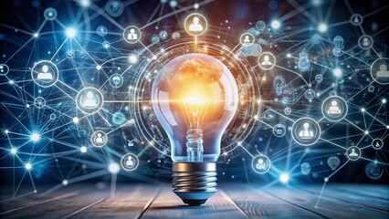 A glowing light bulb surrounded by futuristic graphic icons and lines, symbolizing innovative strategy, business planning, and growth in a competitive digital landscape.