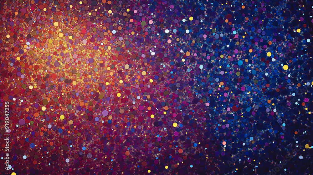 Poster a mesmerizing mosaic of small, shimmering dots that radiate in a spectrum of colors, ranging from de