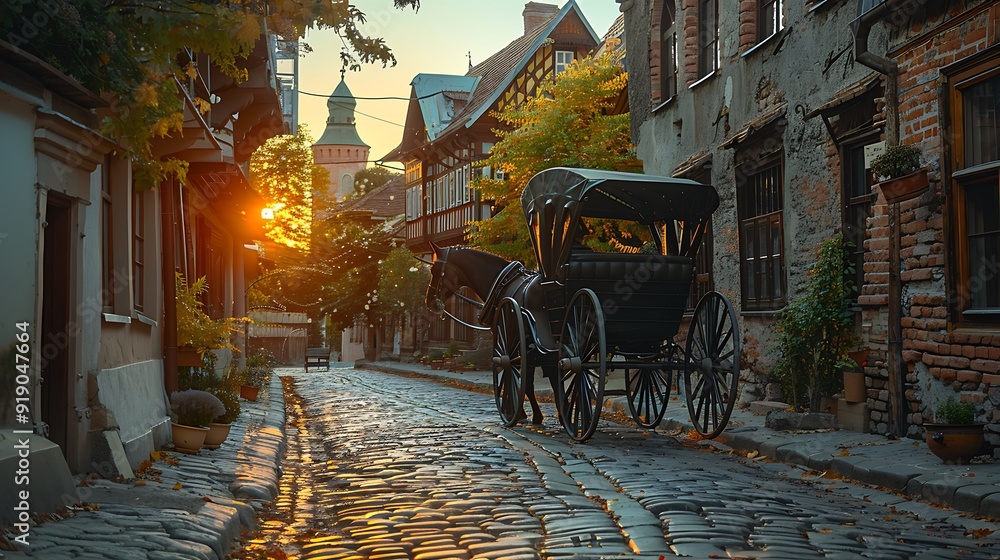 Canvas Prints Horse-drawn carriage on a cobblestone street, historical town with beautiful architecture, soft afternoon light, detailed textures on the carriage and street, peaceful and nostalgic scene, hd quality,