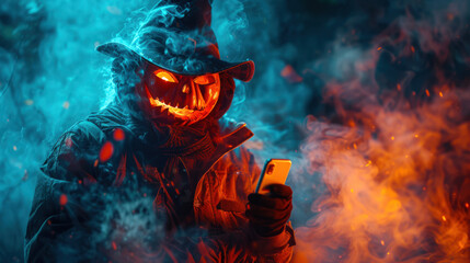 A man in a scary jack-o'-lantern scarecrow costume holds a cell phone in his hand against a background of blue and orange colors. Halloween concept. Halloween background