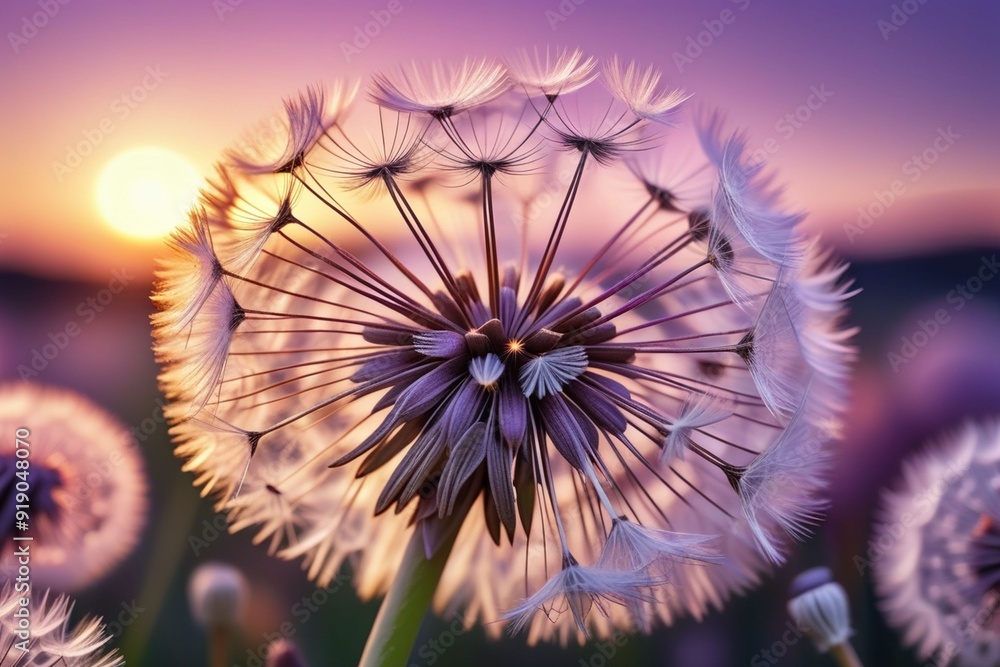 Wall mural dandelion seeds gently blowing in the wind, horizontal compostion