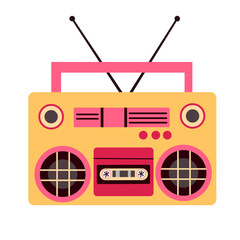 Retro boombox, audio tape recorder in 80s and 90s style. Stereo music player with radio and loudspeakers. Ghetto blaster for cassette playing. Flat vector illustration isolated on white background