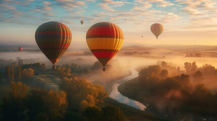 Fototapeta premium Hot air balloons in various colors rising at dawn, tranquil landscape with foggy fields and a winding river below, soft morning light, vibrant and serene scene,