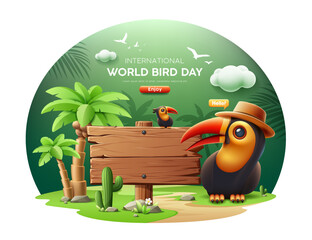 International World birds day. hornbill wearing hat, Hornbill sits on a wooden sign empty in the green forest on green background, EPS 10 vector illustration  © Sarunyu_foto