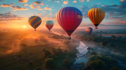 Obraz premium Hot air balloons in various vibrant colors rising at sunrise, serene landscape with fields and rivers below, early morning mist, warm and soft light, peaceful and magical atmosphere,