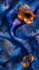 Digital blue and yellow flower fabric abstract graphics poster background with generative