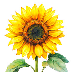 A vibrant sunflower illustration with bold yellow petals and green leaves isolated on transparency PNG background, perfect for floral designs, greeting cards, and summer-themed projects,