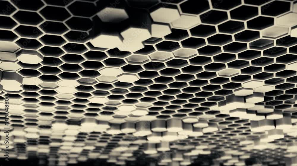 Poster an abstract hexagonal pattern created in shades of black and white for artistic purposes. design