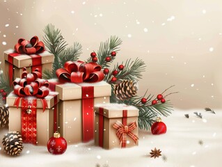 Festive Christmas Celebration Illustration with Wrapped Gifts and Cheerful Atmosphere, Editable Space for Customization