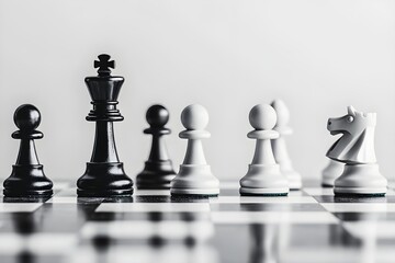 Chess pieces arranged on a chessboard with a minimalist, monochromatic background. Scene highlighting strategy, focus, and intellectual challenge in a classic game