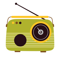 Portable mini vinyl record player with handle. Old retro analog device for grooved discs playing. 50s technology. Mid-century audio equipment. Flat vector illustration isolated on white background