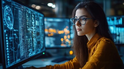 Focused woman working on multiple screens with coding data, showcasing technology and innovation in a modern workspace.