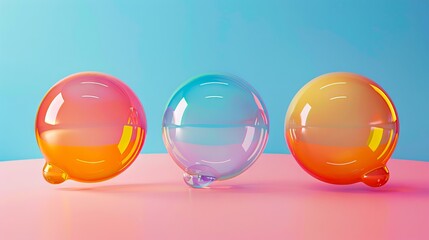 Three colorful glass spheres sitting on top of a pink and blue surface