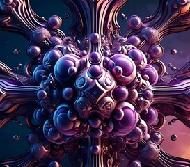 ''Futuristic Orb Cluster''The image displays an array of smooth, reflective spheres in shades of purple and blue, interconnected by sleek, flowing metallic arms. 