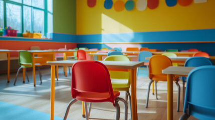 "Colorful kindergarten classroom with no children, featuring school desks, chairs, toys, and decorations on the background wall. A vibrant and inviting space for early childhood education."