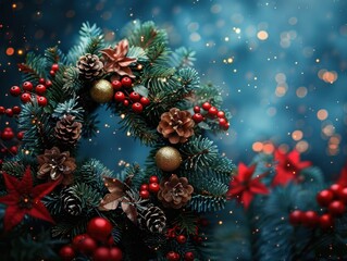 Festive Christmas Wreath Under Starry Night Sky with Blank Space for Text, Creating a Peaceful Holiday Atmosphere