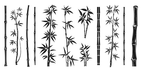 Obraz premium Bamboo black monochrome vector icons set. Bamboo stick parts and section of branches and leaves tree trunk. Isolated vector clipart collection on white background