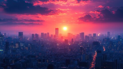 Fototapeta premium A city skyline at dawn, with sparkling lights fading as the sun rises