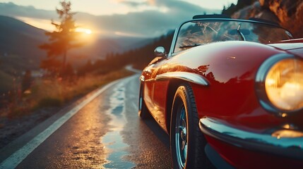 Vintage car rally with classic cars, scenic road through a mountain pass, evening twilight, cool and muted colors, car headlights on, retro style, hd quality, natural look. --ar 16:9 --v 6.