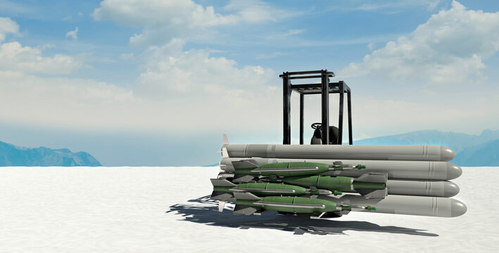 3D render of forklift carrying missiles in desert