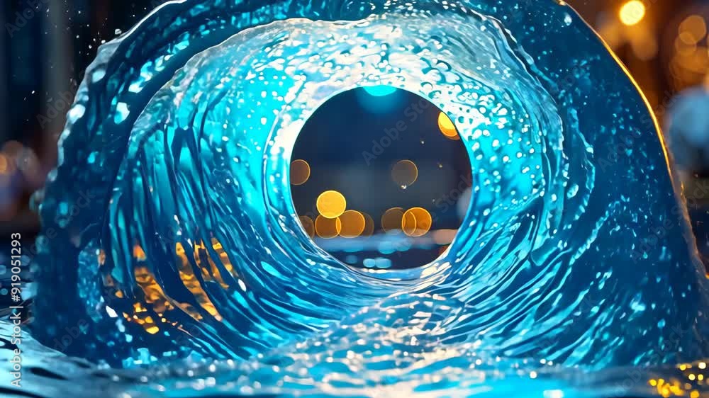Poster a blue wave is depicted in a circular shape, with a splash of water on the left side. the image has 