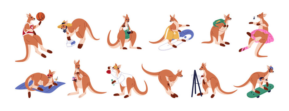 Cute kangaroo set. Funny Australian animal jumps, plays basketball, rides on skateboard, surfboard. Happy mother wallaby with baby in bag. Flat isolated vector illustrations on white background