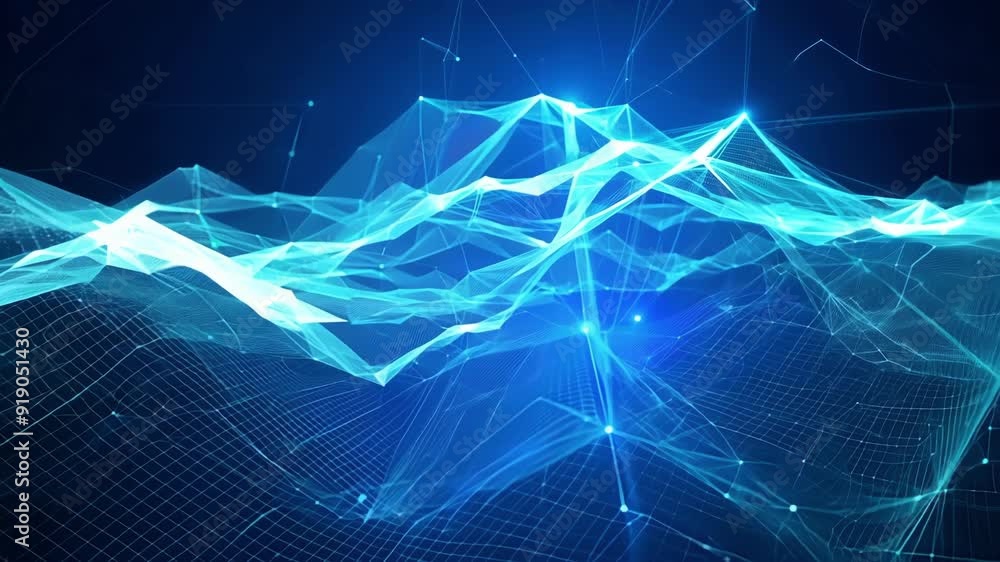 Poster dynamic blue wave patterns flow through a digital landscape, creating an immersive and vibrant atmos