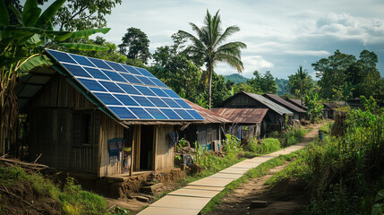 A rural village with solar panels that convert sunlight into energy, meeting the needs of its inhabitants.