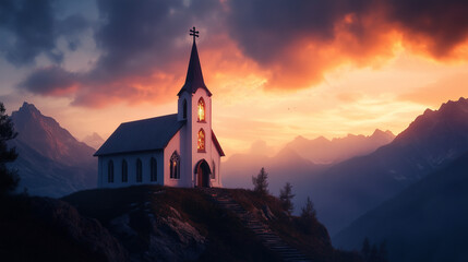 Fototapeta premium The church on the mountaintop is shown in the glow of the morning sun as it rises over the horizon.