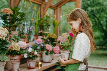Long hair girl smelling flower in plant nursery