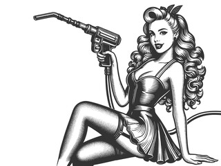 Pin-up woman holding gas pump nozzle, intricate details and retro charm sketch engraving generative ai fictional character raster illustration. Scratch board imitation. Black and white image.