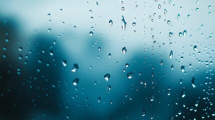 A close up of water droplets on a window with a blue sky in the background