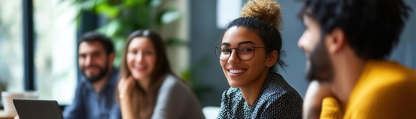 Obraz premium A diverse group of professionals enjoying a collaborative work environment, sharing ideas and positive energy.