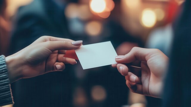 A close-up of two hands exchanging a blank business card, symbolizing networking and professional connections.