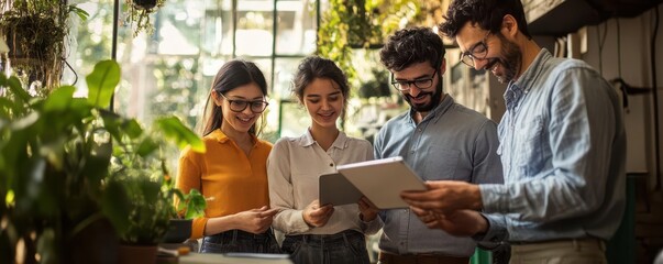 Naklejka premium A group of four people engaging in discussion while reviewing documents in a well-lit indoor garden setting.