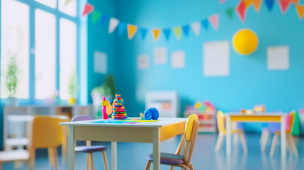 "Colorful kindergarten classroom with no children, featuring school desks, chairs, toys, and decorations on the background wall. A vibrant and inviting space for early childhood education."
