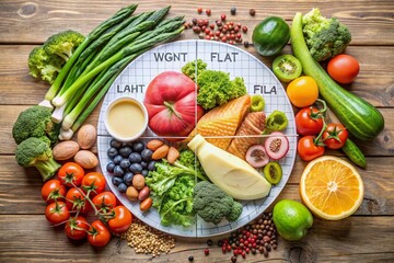 Colorful diagram illustrating a healthy meal plan for weight loss, featuring a low-carb high-fat nutrition breakdown with fresh vegetables, lean proteins, and healthy fats.