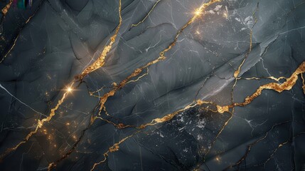 A luxurious black marble surface adorned with striking gold veins and subtle sparkling effects