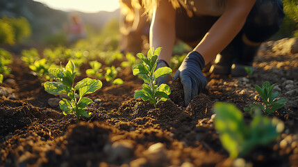 A close-up of hands planting seedlings in fertile soil under warm sunlight, showcasing agricultural dedication and nurturing growth.