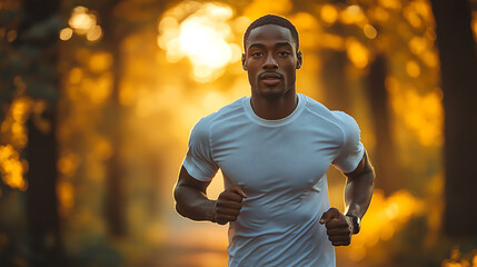 Obraz premium A focused runner in a serene forest, surrounded by warm autumn light, embodying fitness and determination in nature's beauty.