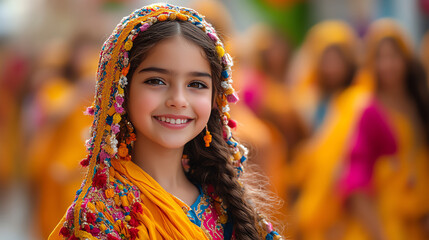 Fototapeta premium A joyful girl in traditional attire with a vibrant headpiece, smiling warmly in a lively cultural setting.