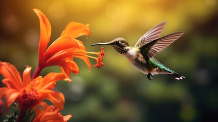 Hummingbird Feeding on Orange Flower