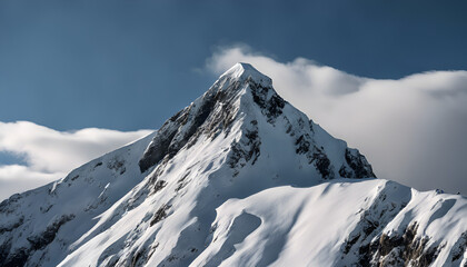 A towering mountain peak covered in snow, with a crisp blue sky and the sun casting long shadows.
