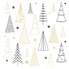 Set of Christmas trees snowflakes outline sketch illustration. Design Christmas decorations. Black and yellow drawing hand drawn. White background