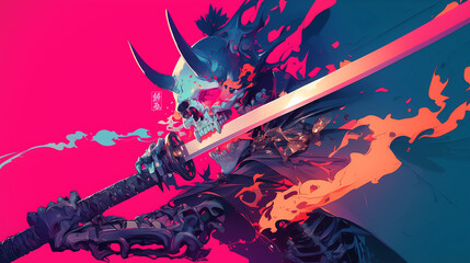 Japanese Oni Skull with Synthwave Katana Sword in Anime Style, Samurai Skeleton with Flaming Sword in Neon Cyberpunk Art Style
