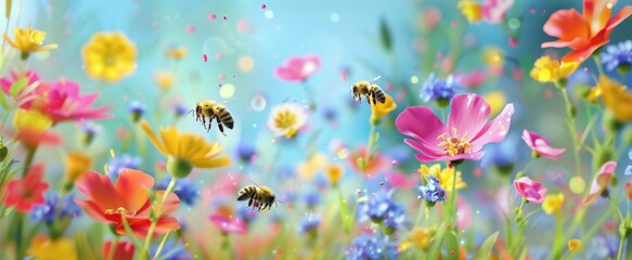 Blossoming Beauty: Bees Amidst Colorful Flowers