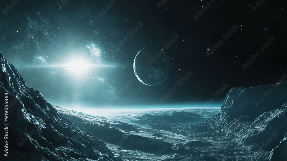 Poster view of an alien planet from space during a sunrise 3d rendering