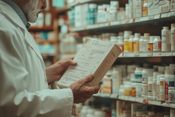 Fototapeta premium Senior male pharmacist holding a prescription in a pharmacy drugstore.